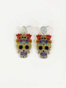 1Pair Glittering Smooth Acrylic Mexican Carnival Hat Skull Marigold Printed Drop Earrings For Women Girls Day Of The Dead Party Jewelry - Multicolor - View 4