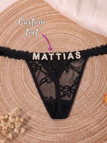 Customized Name Letter Pendant Lace Thong Panties, Personalized Sparkling Rhinestone Sexy Lingerie, Creative Gift For Women's Birthday, Anniversary, Valentine's Day - Black - View 5
