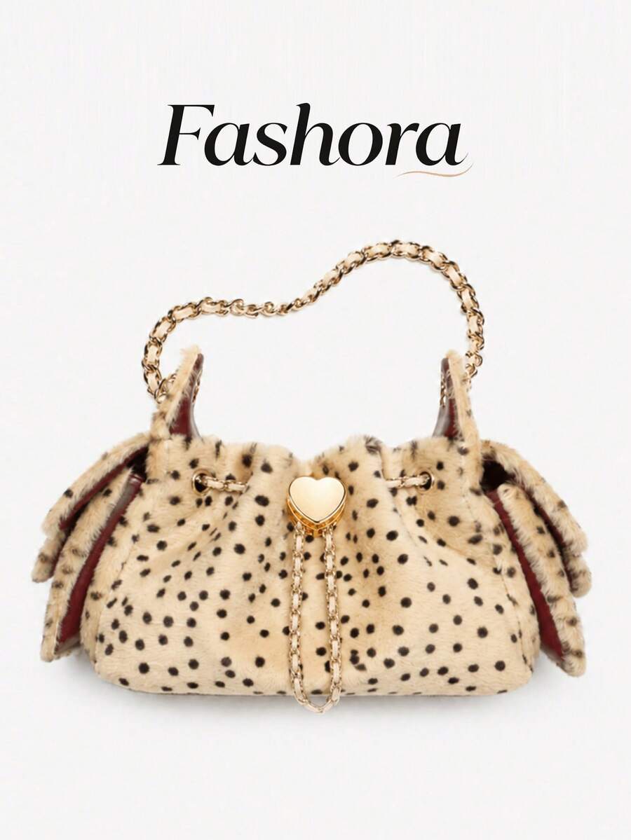 Vintage Leopart Dot Faux Fur Buckets Bag Designer Soflt Plush Women Shoulder Bags Heart Lock Chains Crossbody Bag Small Tote Bag - Multicolor - View 1