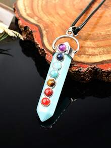 Natural Crystal Double-Pointed Pillar 7 Chakra Colorful Stone Pendant Necklace, Vintage Raw Stone Spiritual Jewelry Accessory - 7 Chakra Double Point Pendant - View 7