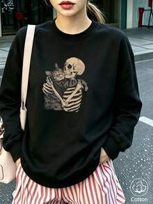 Women's Crew Neck Sweatshirt, Travel Pullover, Cotton Top, Women's Autumn/Winter Basic Sweatshirt - Black - View 3