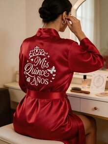 Burgundy Satin Morning Robe With Crown Embroidery, Long Sleeve, Wrap Tie Waist, Suitable For 15th Birthday Celebration, Party Prep Or Home Leisure Wear - Red - View 3