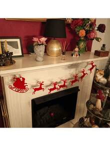Merry Christmas Santa Sleigh Reindeer Felt Garland, Xmas Fireplace Mantel Banner, Winter Holiday Home Wall Hanging Decor - Moose - View 6