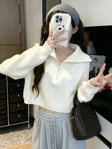 Women's Ribbed Knit Zip-Up Pullover Sweater, Regular Fit Long Sleeve Top For Autumn/Winter, Vertical Ribbed, Half-Zip Stand Collar Short Knit Sweater, Korean Minimalist Sexy Style, Solid Beige White, Short High-Waist Fit, Raglan Long Sleeve Half-Zip Ribbed Knit Top - White - View 6