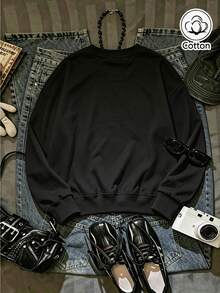 Women's Loose Fit Crew Neck Sweatshirt With Floral Print & Letter Graphic, Breathable Casual Pullover For Spring & Autumn Daily Wear - Black - View 10