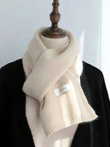 1pc Unisex Solid Color Knitted Warm Scarf, Soft Comfortable Label Decor Rectangular Scarf With Ribbed Hem, Casual Minimalist Autumn/Winter Daily Outdoor Wear - Multicolor - View 8