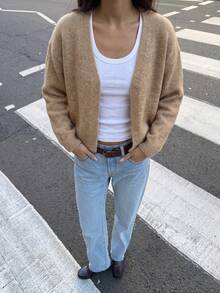 Camel Minimalist Lightweight Soft Plush Knit Cardigan, Long Sleeve Drop Shoulder Casual Sweater, Suitable For Autumn - Camel - View 8