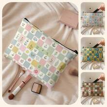 1pc Kids Pastel Multicolor Checkered Floral Print Zipper Closure Portable Makeup Pouch,Lightweight Toiletry Organizer For Travel Daily Storage Or Gift - Multicolor - View 1