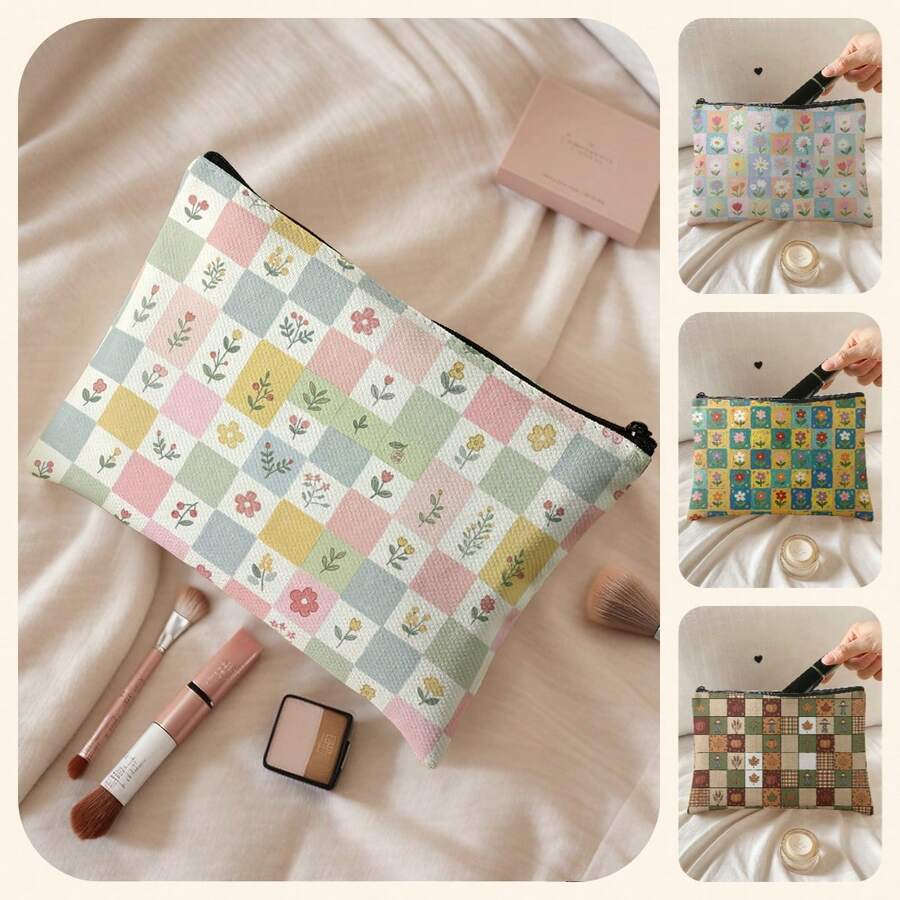 1pc Kids Pastel Multicolor Checkered Floral Print Zipper Closure Portable Makeup Pouch,Lightweight Toiletry Organizer For Travel Daily Storage Or Gift - Multicolor - View 1