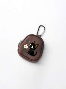 Cute Black Cat Daisy Butterfly Print Mini Zipper Coin Purse With Carabiner, Portable PU Leather Earbud Storage Bag, Small Key Card Wallet - Multicolor - View 13