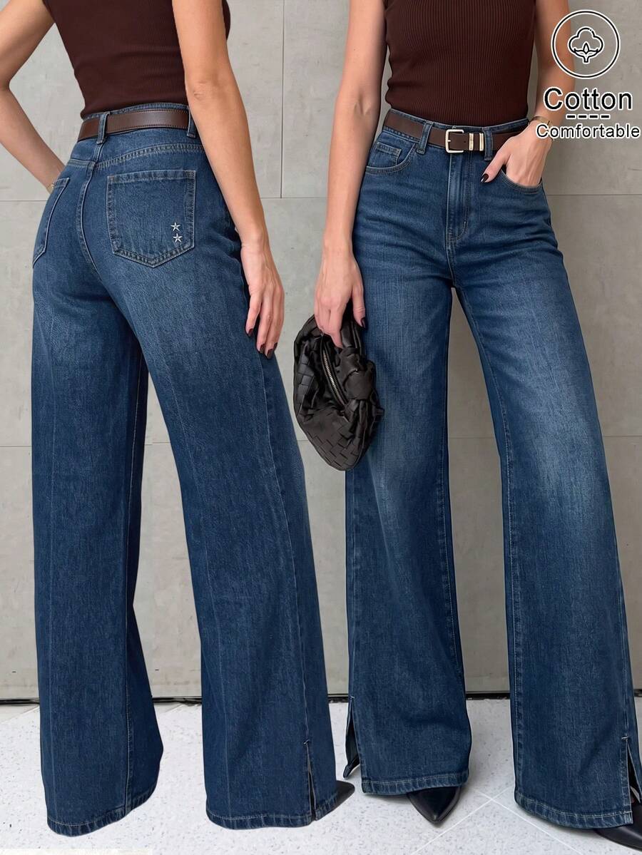Women's High-Waist Elegant Washed Denim Jeans, Split Hem Straight Leg Pants, Casual Minimalist Outfit For Outing And Commuting Fall - Royal Blue - View 1