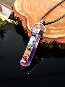 Natural Crystal Double-Pointed Pillar 7 Chakra Colorful Stone Pendant Necklace, Vintage Raw Stone Spiritual Jewelry Accessory - 7 Chakra Double Point Pendant - View 5