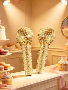 Bộ 2 hoặc 4 quả bóng hình micro họa tiết kẻ caro đính đá rhinestone màu vàng disco bóng loáng, đạo cụ chụp ảnh và trang trí, phù hợp cho sinh nhật, tiệc âm nhạc, karaoke, chủ đề hip hop, lễ tốt nghiệp, họp mặt gia đình và tiệc mừng em bé sắp chào đời - 1 bộ - Xem 4