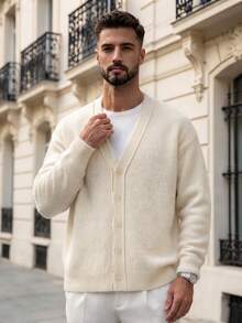 Autumn/Winter New Solid Color Slouchy Elegant V-Neck Cardigan Jacket, Minimalist Casual College Style Long Sleeve Knit Sweater Top - Apricot - View 4
