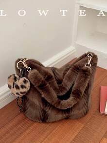 low tea 1pc Fashionable Wanderer Style Plush Fabric Shoulder Bag, Suitable For Commuting, Shopping, Etc. (With Pendant) - Coffee - View 5