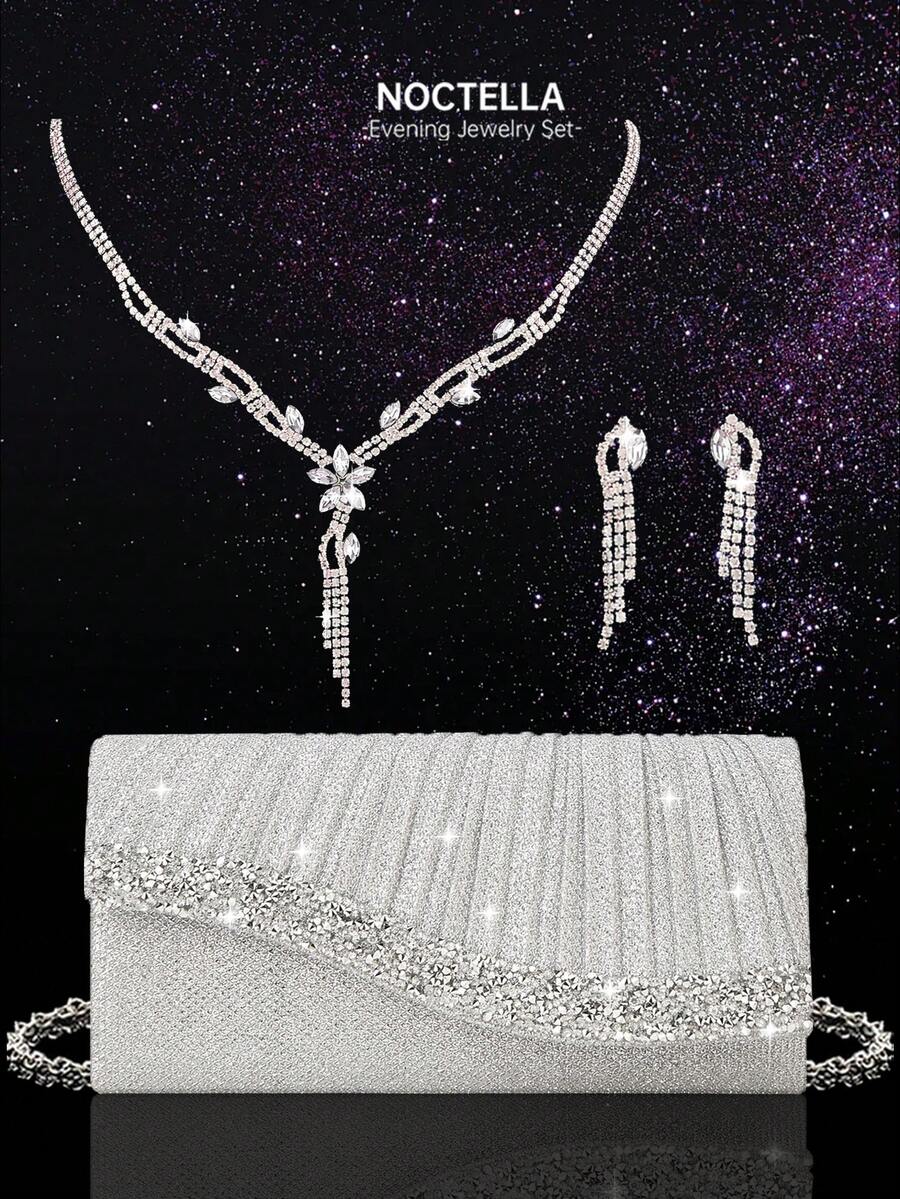 Noctella Sparkling Rhinestone Envelope Clutch Evening Bag, New Women's Shoulder Bag Party Bag, Paired With Sparkling Rhinestone Pendant Jewelry 2 Pieces Set, Luxury Rhinestone Pendant Necklace And Earrings, Matches Sequin Dress, Wedding Dress, Suitable For Party, Wedding, Gathering, Ball - Silver - View 1