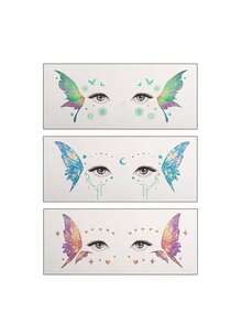 3pcs Glitter Fairy Butterfly Face Stickers, Waterproof Easy To Apply And Remove, Long-Lasting Self-Adhesive Festival Stickers, Gradient Butterfly With Stars And Moon, Summer Essential Rave Cosplay Face Decoration - Multicolor - View 3