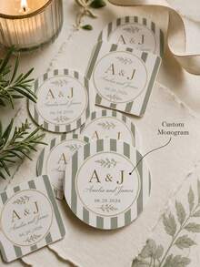 8/20/40pc Personalized Custom Monogram Wedding Stickers, Custom Names Date Round Sealing Labels, Green Stripe Floral Pattern, Wedding Favor Souvenir Gift, For Bride Groom Wedding Guests, Envelope Cup Gift Box Matchbox, Wedding Party Decor Stickers - Multicolor - View 1