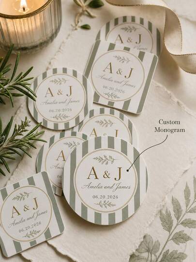 8/20/40 piezas Pegatinas personalizadas con monograma para boda, etiquetas redondas de sellado con nombres y fecha personalizados, patrón floral con rayas verdes, regalo de recuerdo para boda, para novia, novio e invitados de boda, sobre, taza, caja de regalo, caja de cerillas, pegatinas de decoración para fiesta de boda