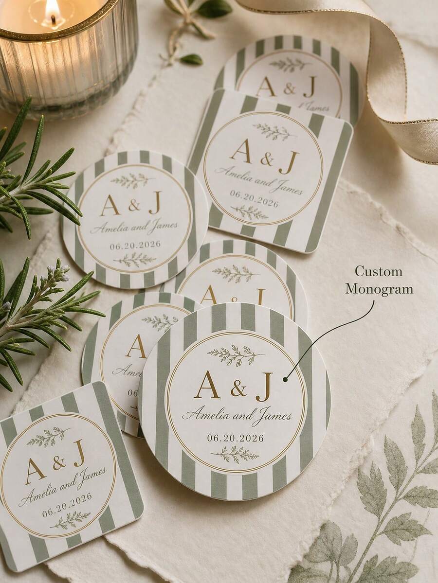 8/20/40pc Personalized Custom Monogram Wedding Stickers, Custom Names Date Round Sealing Labels, Green Stripe Floral Pattern, Wedding Favor Souvenir Gift, For Bride Groom Wedding Guests, Envelope Cup Gift Box Matchbox, Wedding Party Decor Stickers - Multicolor - View 1