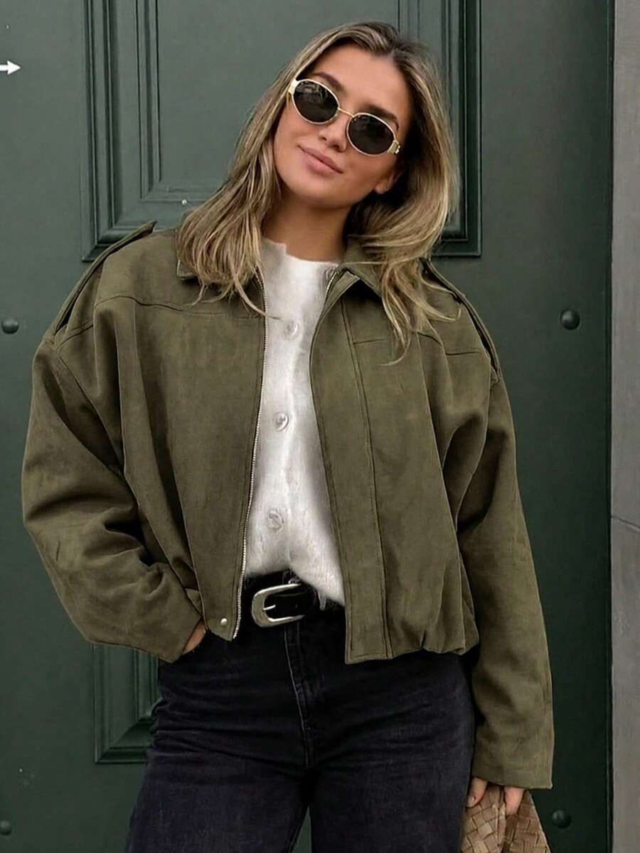 Vintage Distressed Style Lapel Zipper Jacket, Oversized Silhouette Flattering Slimming Autumn/Winter Versatile Jacket Top - Army Green - View 1
