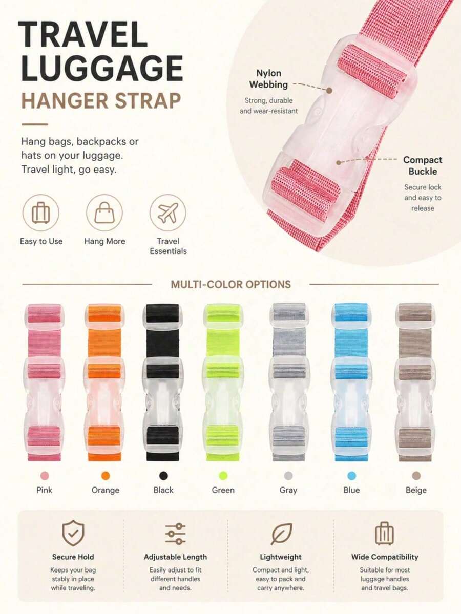 Portable Adjustable Luggage Strap With Buckle, Unisex, Suitable For Cruise, Camping, Outdoor, Beach Travel And Back To School Essential Accessory