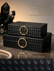 2pcs Large Capacity Woven Plaid PU Leather Jewelry Box With Lid, Round Gold Metal Buckle, Black Rectangular Luxury Jewelry Storage Organizer, Vanity Bedroom Decor Gift - Black - View 13