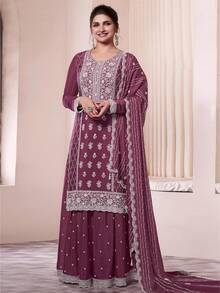 JZGZR Women's Art Silk Embroidery Work Kurta Palazzo Set With Dupatta - Darkpeach - View 6