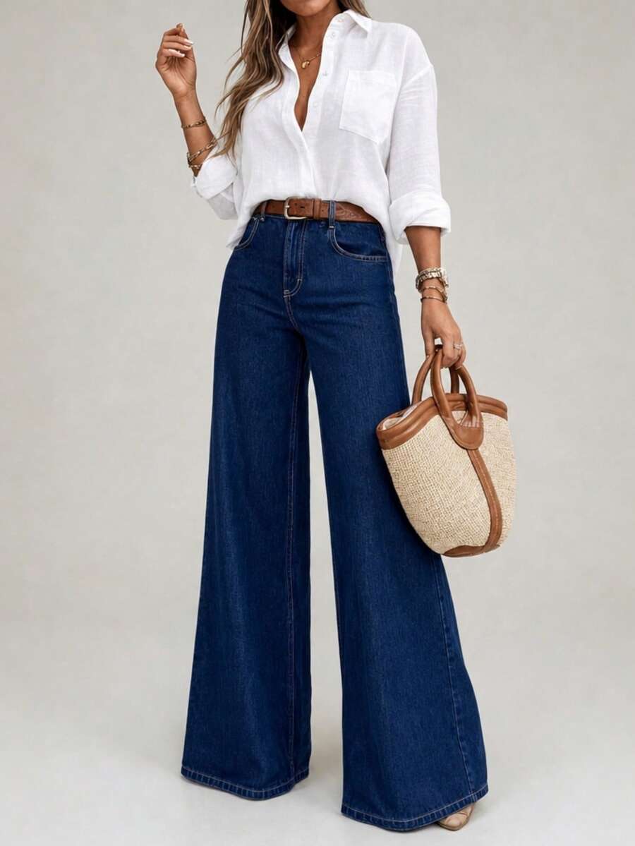 Women's Fashion Embroidered Back Pocket Flared Stretch Denim Jeans - Dark Blue - View 1