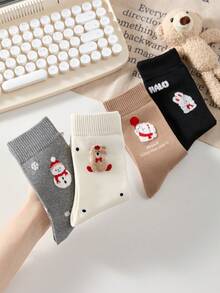 4 Pairs Christmas Reindeer Vintage Women's Mid-Calf Socks, Warm And Comfortable, Christmas Party Theme, Randomly Shipped (No Gift Box) - Multicolor - View 7