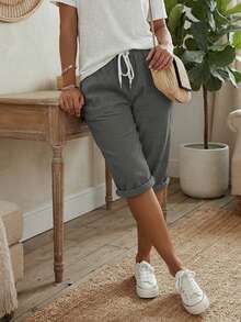 Jisfaneya Plus Size Women's Elastic-Waist Drawstring Versatile Casual Solid-Color Shorts Summer - Dark Grey - View 1