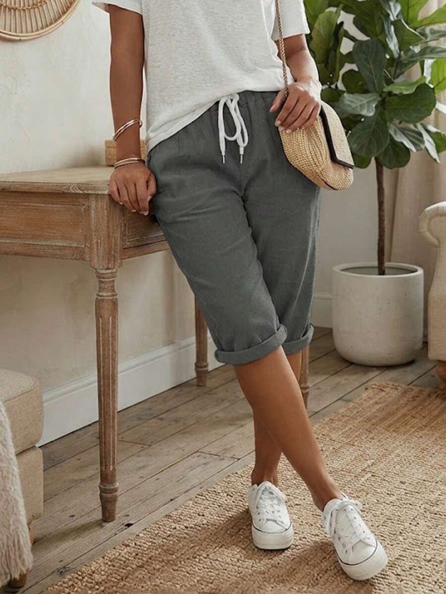 Jisfaneya Plus Size Women's Elastic-Waist Drawstring Versatile Casual Solid-Color Shorts Summer - Dark Grey - View 1