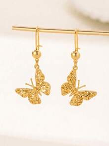 24K Gold Plated Laser Cut Butterfly Pendant Earrings, Rust-Resistant Gold Alternative Delicate Small Textured Metal Jewelry, High-End Jewelry - Butterfly Earrings - View 7