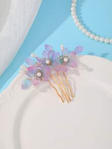 3pcs Bohemian Style Purple-Blue Gradient Floral Hair Combs With Rhinestone Flowers And Pearls, Bridal Back Head Hair Accessories - Multicolor - View 6