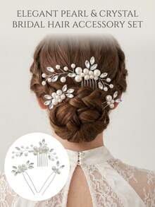 3pcs Elegant Faux Pearl & Rhinestone Twisted Hair Comb And U-Shaped Hair Pin Set, Forest Style Bridal Wedding Party Updo Hair Accessories, Beautiful Fairy-Like Pearl & Rhinestone Hair Ornaments, Versatile Hair Clips Combination For Wedding, Party, Photoshoot - Silver - View 3