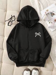 Sweatshirt Berkerudung Resleting Motif Pita Bordir untuk Anak Perempuan, Jaket Lengan Panjang Kasual, Kain Lembut dan Nyaman, Cocok untuk Pemakaian Sehari-hari di Musim Gugur/Dingin - Hitam - View 3