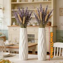 58 Cm Tall Freestanding White-Striped Vase; Minimalist Modern Nordic-Style Large White Vase; 3D Water-Wave Design; Home Decor; Multifunctional Style; Tip-Resistant And Shatterproof; Ceramic-Like Textured Wave Pattern. - C - View 3