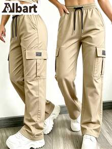 AIbart Women's Casual Low-Stretch Cargo Pants, European & American Style, Multi-Pocket Outdoor Straight Leg - Khaki - View 1