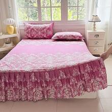 3pcs New Printed Ruffle Bed Skirt Set (Bed Skirt*1, Pillowcase*2, Pillow Insert Not Included) Bed Skirt Bed Cover Bed Sheet Mattress Protector Double Layer Ruffle Decor Cozy Room, Hot Selling Machine Washable, Multiple Sizes Available, All Season Use, Holiday Gift, Christmas Gift, Made In China - Rose Red - View 5
