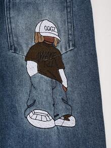 Boys' Cartoon Embroidered Straight Leg Jeans - Blue - View 5