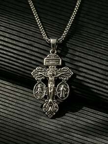 1pc Men's Pendant Necklace, Silver Metal, Crucifix Jesus Pendant, Vintage Versatile Necklace Accessory, Daily Commute Holiday Gift - Silver - View 1