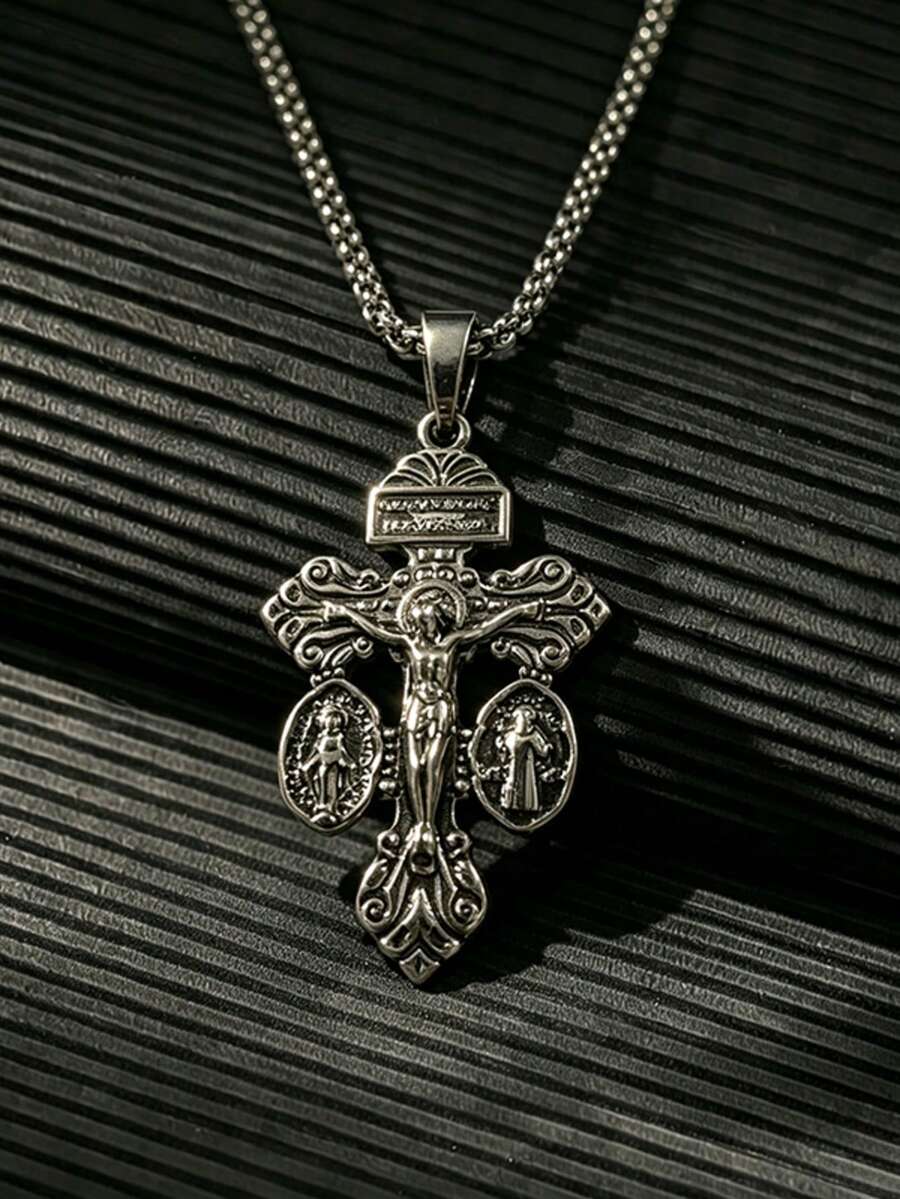 1pc Men's Pendant Necklace, Silver Metal, Crucifix Jesus Pendant, Vintage Versatile Necklace Accessory, Daily Commute Holiday Gift - Silver - View 1
