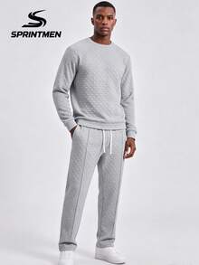 2pcs Gray Plaid Embossed Crew Neck Men's Set, Men's Long Sleeve Sweatshirt Set, Men's Drawstring Pants, Textured Plaid Design, Casual Sports Style, Campus, Friends Gathering, Commuting, Short Trips - Grey - View 3