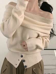 Women's Off-Shoulder Sweater, New Autumn/Winter Niche French Design, Soft And Comfortable Pullover Knit Top - Apricot - View 6