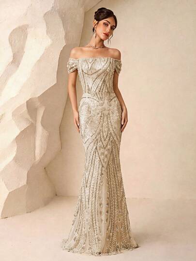 Vintage Glamour Radiating Full Rhinestone & Sequin Long Dress, Square Neck Waist-Cinching Mermaid Tail Heavy Embellished Evening Gown, Suitable For All Seasons For Wedding, Bridesmaid, Annual Meeting, Gala, Engagement, Dinner Party, Ball, Runway, Birthday, Award Ceremony
