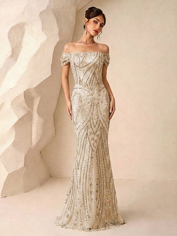 Vintage Glamour Radiating Full Rhinestone & Sequin Long Dress, Square Neck Waist-Cinching Mermaid Tail Heavy Embellished Evening Gown, Suitable For All Seasons For Wedding, Bridesmaid, Annual Meeting, Gala, Engagement, Dinner Party, Ball, Runway, Birthday, Award Ceremony