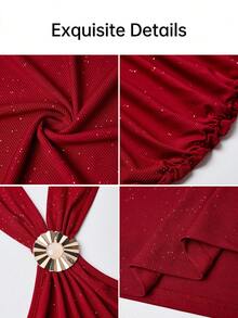 Aliling Women's Autumn Party Sexy Solid Color Glitter Detail Metal Buckle Halter Neck Ruched Backless Tight Mini Dress, Waist Ribbon Design, Suitable For Party, Wedding Guest, Gathering, Club, Birthday, Homecoming Dance - Red - View 3