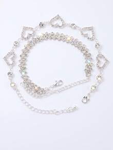 2pcs Double Heart Rhinestone Anklets Full Crystal Shiny Foot Jewelry Accessories - Silver - View 3
