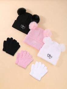 3 Sets / 6 Pieces Heart Embroidered Knitted Hat And Gloves Set - Perfect For Keeping Your Baby Warm During The Autumn And Winter Seasons. - Multicolor - View 2