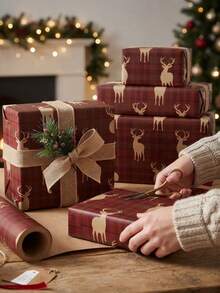 5m Christmas Vintage Red Plaid Reindeer Wrapping Paper Roll, Holiday Gift Box Wrapping Paper, Kraft Texture Plaid Reindeer Pattern Gift Wrapping Material, Christmas Party Handmade Decoration Large Roll Wrapping Paper, Party Table Decoration Handmade DIY Gift Wrapping Large Roll Wrapping Paper - Multicolor - View 8